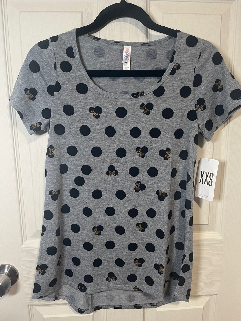 LuLaRoe Grey Short Sleeve Tee with Black Polka Dots and Gold Accents